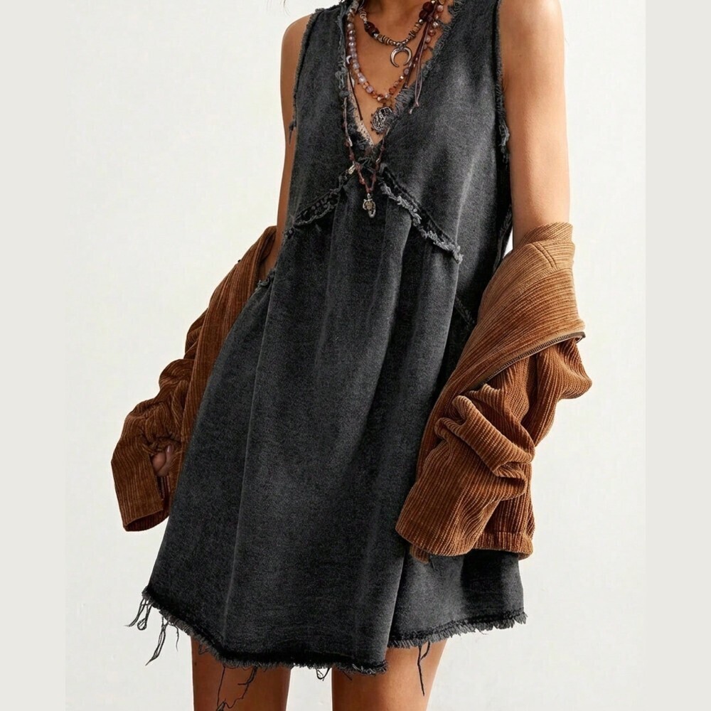 Charcoal Denim Mini Dress with Distressed Edges - Picture 2 of 7